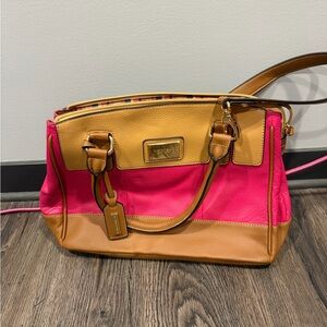 Tignanello Pink and Tan Colorblock Satchel with Gold Hardware